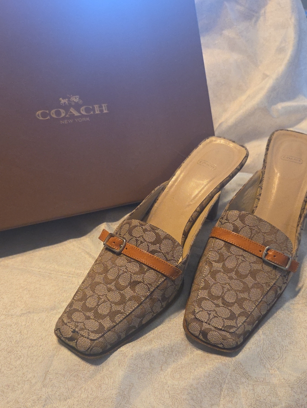 Coach Brown Signature Monogram Slip-On Mules with Tan Strap - Picture 1 of 5